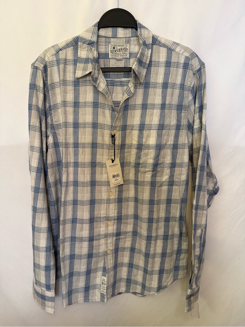 Lucky Brand Men's Light Blue and White Plaid Button-Down Shirt NWT Sz Medium